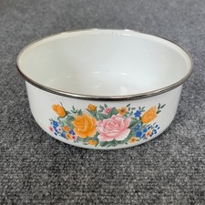 Vintage Floral Enamelware Mixing Bowl White Rose Botanical Enamel Metal Dish picture