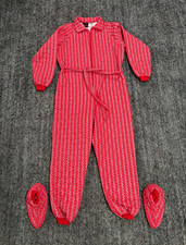 Vintage 70s 80s Wiman Adult L Quilted Loungewear Jumpsuit Booties Set Red Stripe picture