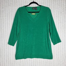 Travelers By Chicos Liquid Knit Top Women's Green V Neck Wood Accent 3/4 Sleeve picture