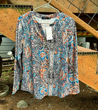 Automet Women's Size S Multicolor Paisley Long Sleeve V-Neck Button Blouse picture