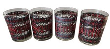 4 Vintage Houze Lowball “Seasons Greetings” Faux Stained Glass Design Glasses picture