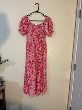 H&M Floral Dress Size S Pink Red Midi Puff Sleeve Smocked picture