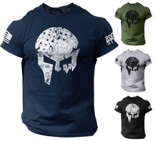 Skull Warrior Men's T Shirt Vikings American Flag Style US Veteran Tee picture