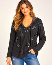 INC International Concepts Women’s S Black Pullover Hoodie Sequin Star V-Neck picture