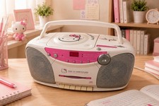 2004 Hello Kitty CD Cassette Radio Boombox DCD-300KT Pink White Boxed Rare picture
