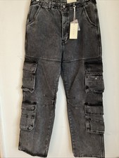 MNML ULTRA BAGGY WASHED BLACK HEAVY 4 CARGO POCKETS BUTTON FLY SKATE JEANS 34x33 picture