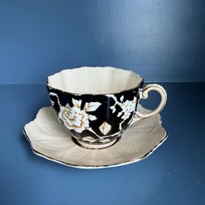 Antique Paragon Wild Rose Teacup and Saucer Bone China Black Ground Gilt 1930s picture