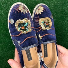 STEVEN by Steve Madden Tatum Navy Velvet Floral Sequin Slip On Sneakers Size 6 picture