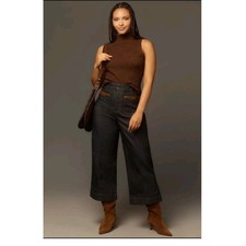 Anthropologie Maeve 'The Colette' 32R Wide Leg Cropped Dark Denim Leather Trim picture