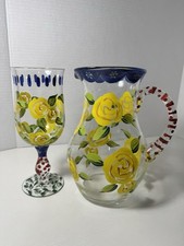 Vtg Tracy Porter Hand Painted Glass Pitcher & Glass Floral Dots Signed picture