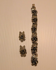 Vintage Peruzzi Bracelet & Clip-On Earrings Set Signed 800 Silver Rose Motif picture