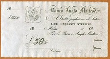 Malta, Banco Anglo Maltese £50 Sterling, 18xx (ca 1880 issue) P-S116 UNC Rare picture