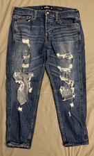 Hollister Low Rise Crop Boyfriend Button jeans Sz 7R Dark Thrashed Distressed picture