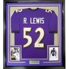 Framed Autographed/Signed Ray Lewis 35x39 Baltimore Purple Jersey PSA COA picture