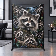 Raccoons Forest Berries Coral Fleece Blanket Dark Woodland Decor picture