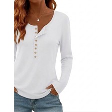 Women's White Long-Sleeve Fuctional Button Up Henley Top Scoop Neck NEW NWT picture