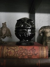 Vintage FENTON Black Glass Spinning Swivel OWL Decision Maker Ring Holder Black  picture