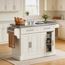 HOMCOM Rolling Kitchen Island with Cabinets and Drawers, Cream White picture