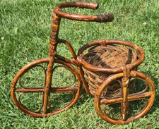 Vintage Bamboo rattan planter 1970s Tricycle Plant Stand Handmade flower pot picture
