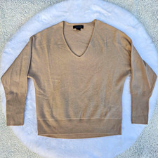 Tahari 100% Cashmere Beige Solid Knit V-Neck Long Sleeve Pullover Sweater Large picture
