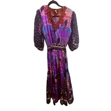 Diane Freis Vintage 100% Silk Mixed Print Embroidered Smocked Midi Dress LIMITED picture
