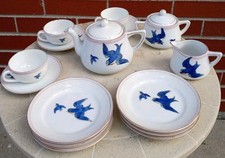 Hand Painted Nippon Children's Dishes Blue Bird Miniature Tea Set 17 PIECE LOT picture