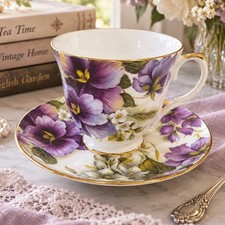 Duchess Fine Bone China Teacup Saucer Purple Pansy Floral Gold England Vintage picture