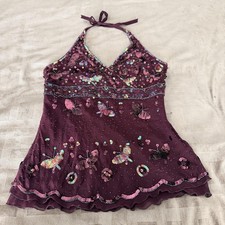 VTG Y2K Bebe Sequin Butterfly Tank Top S Purple Halter Chiffon Party Cami Beaded picture