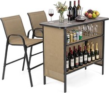 3 Piece Outdoor Bar Set, Patio Bar Height Table & Armchairs with Footrest, Wood picture