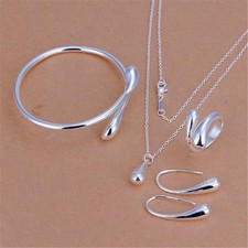 925 Sterling Silver Water Drop Jewelry Set Necklace Earrings Bracelet Ring Women picture