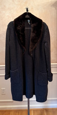 Vtg HERMES Gray Cashmere Coat Sweater Cardigan Brown Shearling Collar 42/10 picture