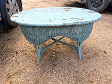 Vintage oval coffee table rustic weathered blue paint wood top woven wicker base picture