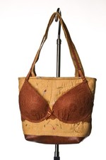 Vintage Handmade Bra Purse Tan Brown Lace Embroidered Novelty Tote Bag Y2K picture