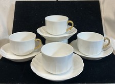 4  HAVILAND Limoges SCHLEIGER # 10 White Embossed CUPS & SAUCERS w Gold Handles picture