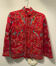 Vintage 60s Red Silk Satin Hand Embroidered Chinese Jacket by Plum Blossoms picture