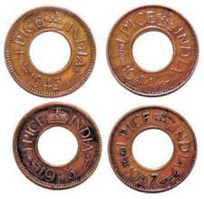 1943-44-45-47 BRITISH GEORGE VI 1 4 HOLE COPPER COINS SET - INDIA # WT. 2 GRAMS, picture