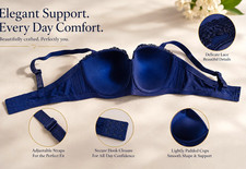 Women’s Blue Lace Underwired Balconette Bra, Lightly Padded, 44D Hook & Eye picture