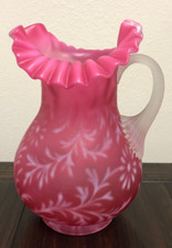 Fenton Frosted/Satin Cranberry Art Glass Pitcher/Daisy Fern/Ruffle Crimp Rim picture