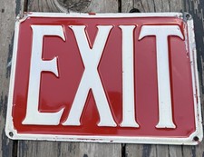 Vintage 1940s Exit Sign Porcelain Embossed 10x7” Red & White Metal Sign Man Cave picture