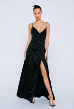 Nasty Gal Black Satin Maxi Slip Dress XS V-Neck Strappy Side Slit Formal picture
