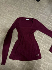 Hollister Burgundy Scoop Neck Long Sleeve Slim Fit Cotton Knit Logo Top S picture
