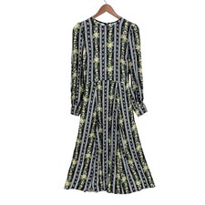 REFORMATION Creed Dress 6 Long Sleeve Midi Slit Black Yellow Floral Stripe W673 picture