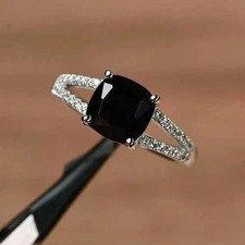 2.5CT Cushion Black Onyx & Lab Created Diamond 14K White Gold FN Wedding Ring picture