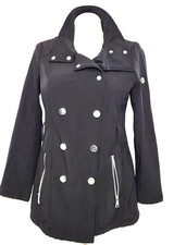 Y2K Calvin Klein Black Double-Breasted Full Zip Peacoat Jackets M Stretch Pocket picture