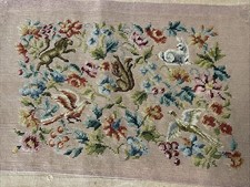 Antique NEEDLEPOINT Squirrel Rabbit Bird Floral Hiawatha Heirloom Super Canvas picture