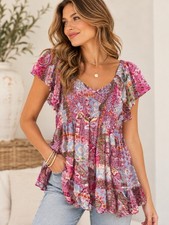 Angie Women’s Large Boho Paisley Floral Tunic Top Flutter Sleeve Pink Blue picture