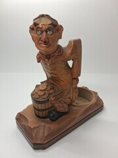 Vtg Wood Carved Art Figural Man Coin Ashtray Money Crapper Tray Novelty Folk Art picture
