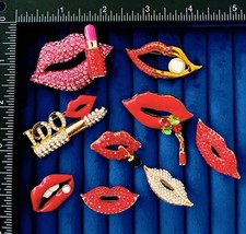Lot 9 Pc Lips Lipstick Brooch Pins Rhinestone Red Pink Jewelry Set picture