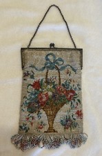 Antique Micro-Beaded HAND BAG Purse Beaded Art Deco Evening Bag Floral Rose picture