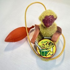 Vtg 1960s Monkey Drummer Pneumatic Air Pump Toy Tin Lithograph Japan Rare MINT picture